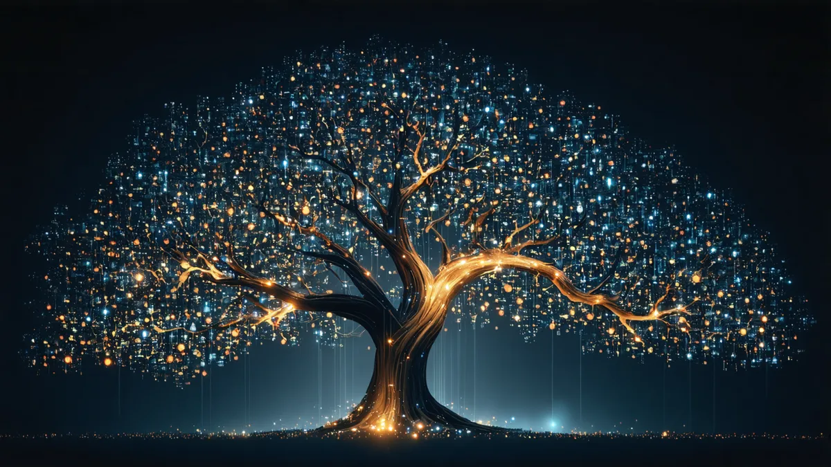 Abstract branching order tree visualizing the complexity of catering order modifier paths
