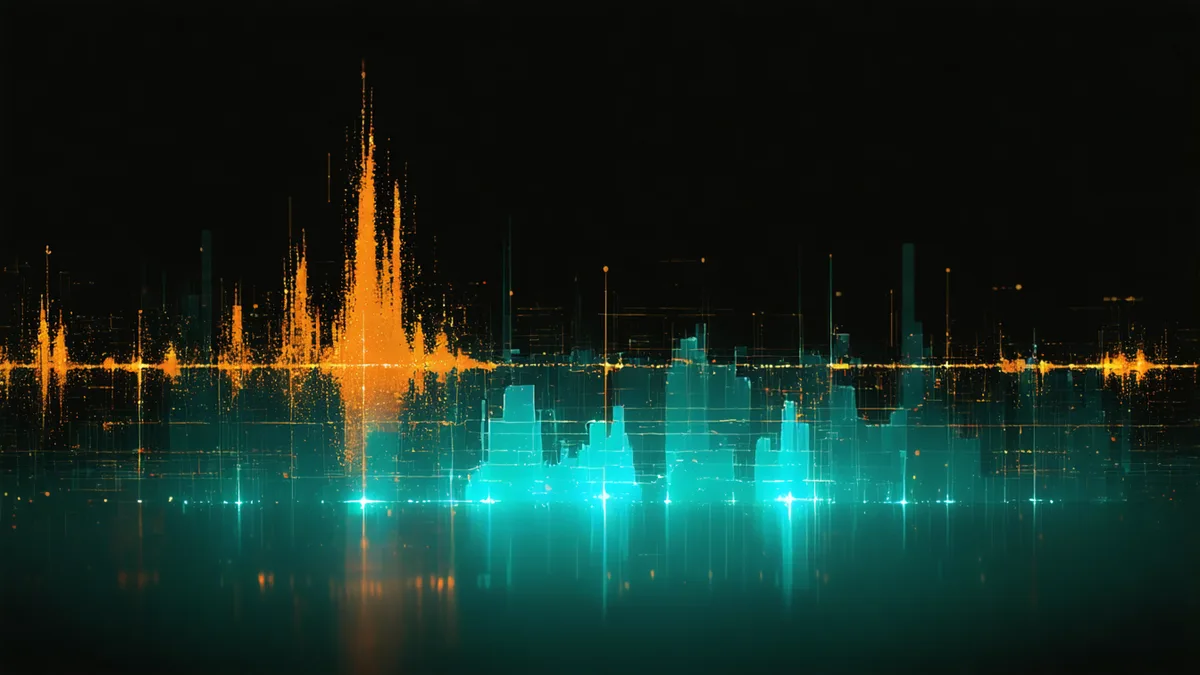 Abstract visualization of a noisy audio waveform being filtered into a clean signal