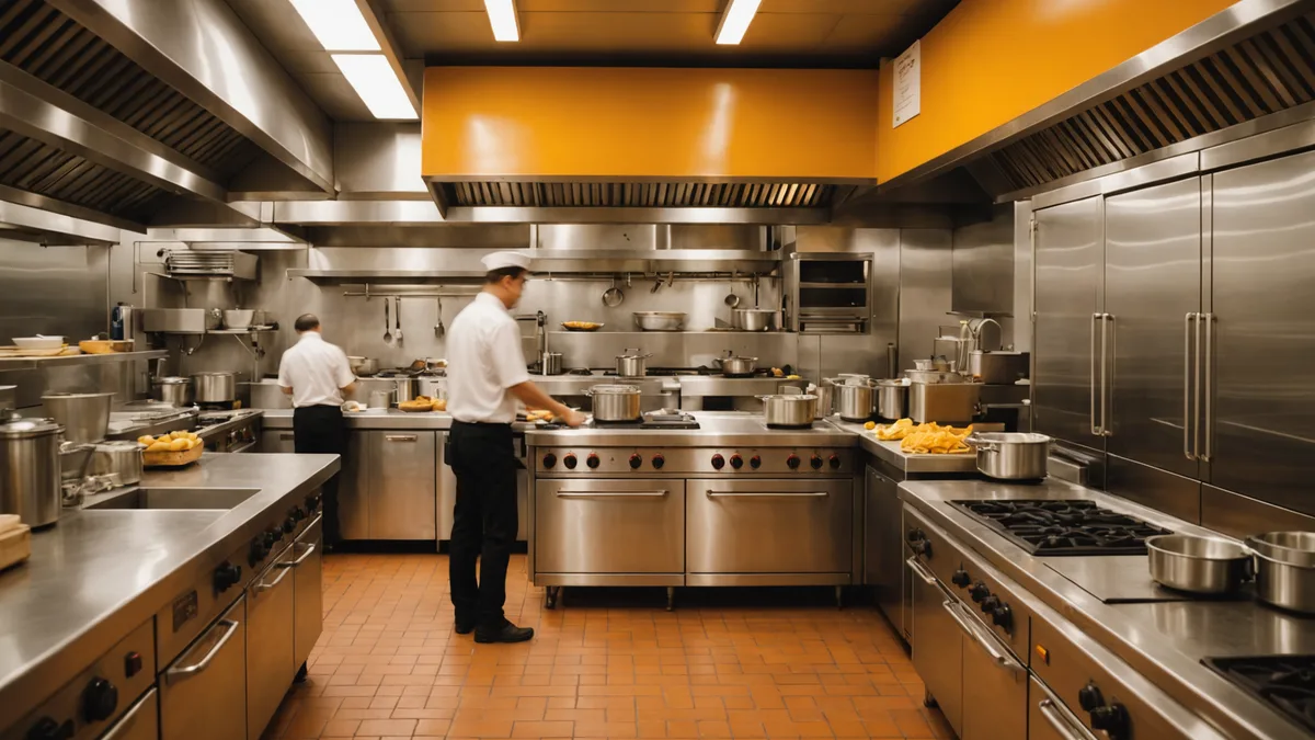 Restaurant kitchen operations — team working behind counter